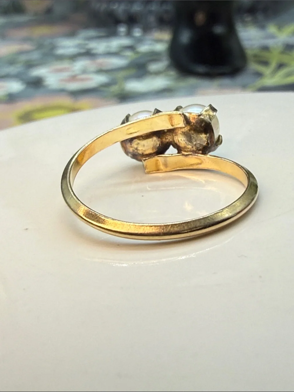 👑Vintage ESPO 10K Gold Filled Toi et Moi Bypass Pearl Ring Sz 8